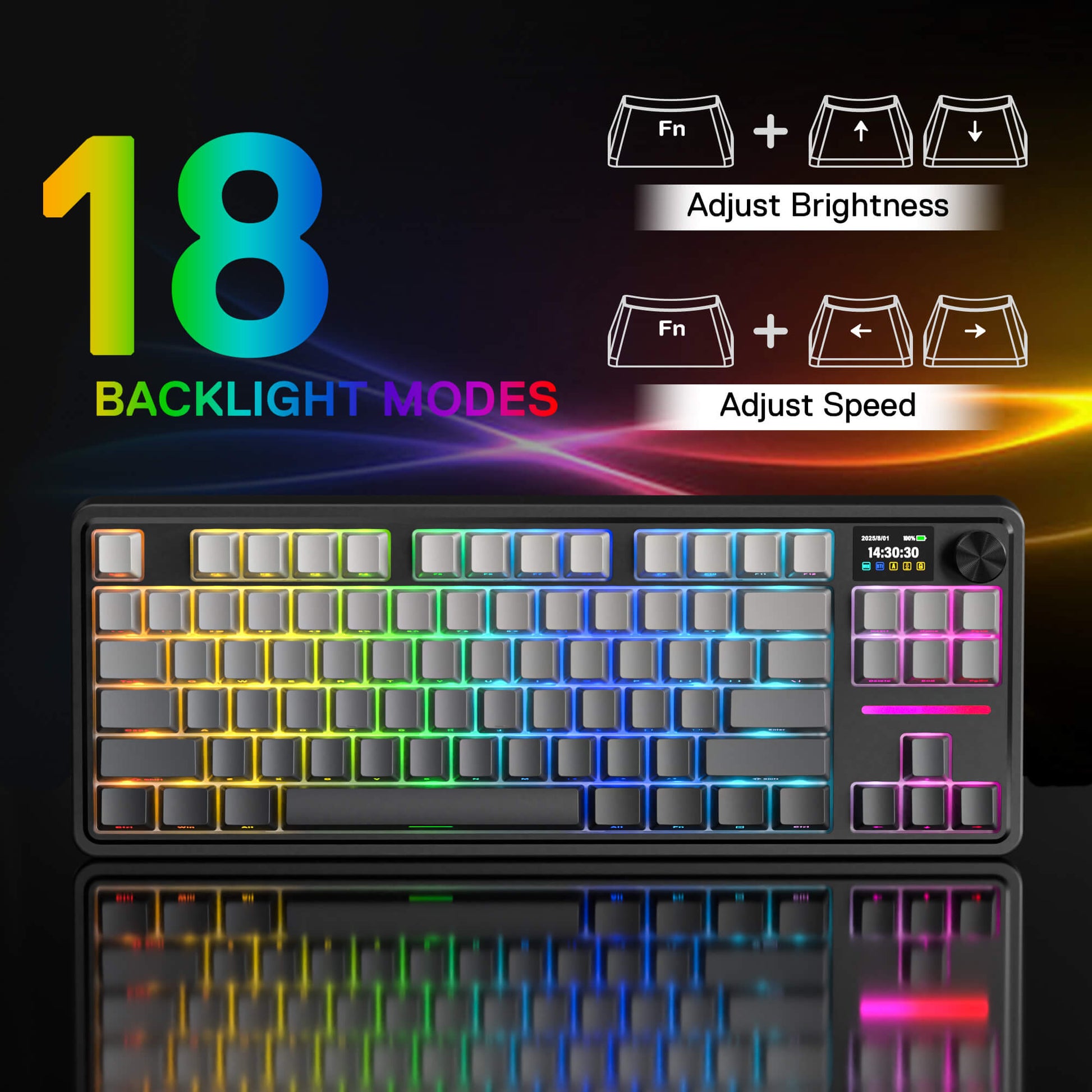 Gaming keyboard with RGB backlighting and control options on a dark background