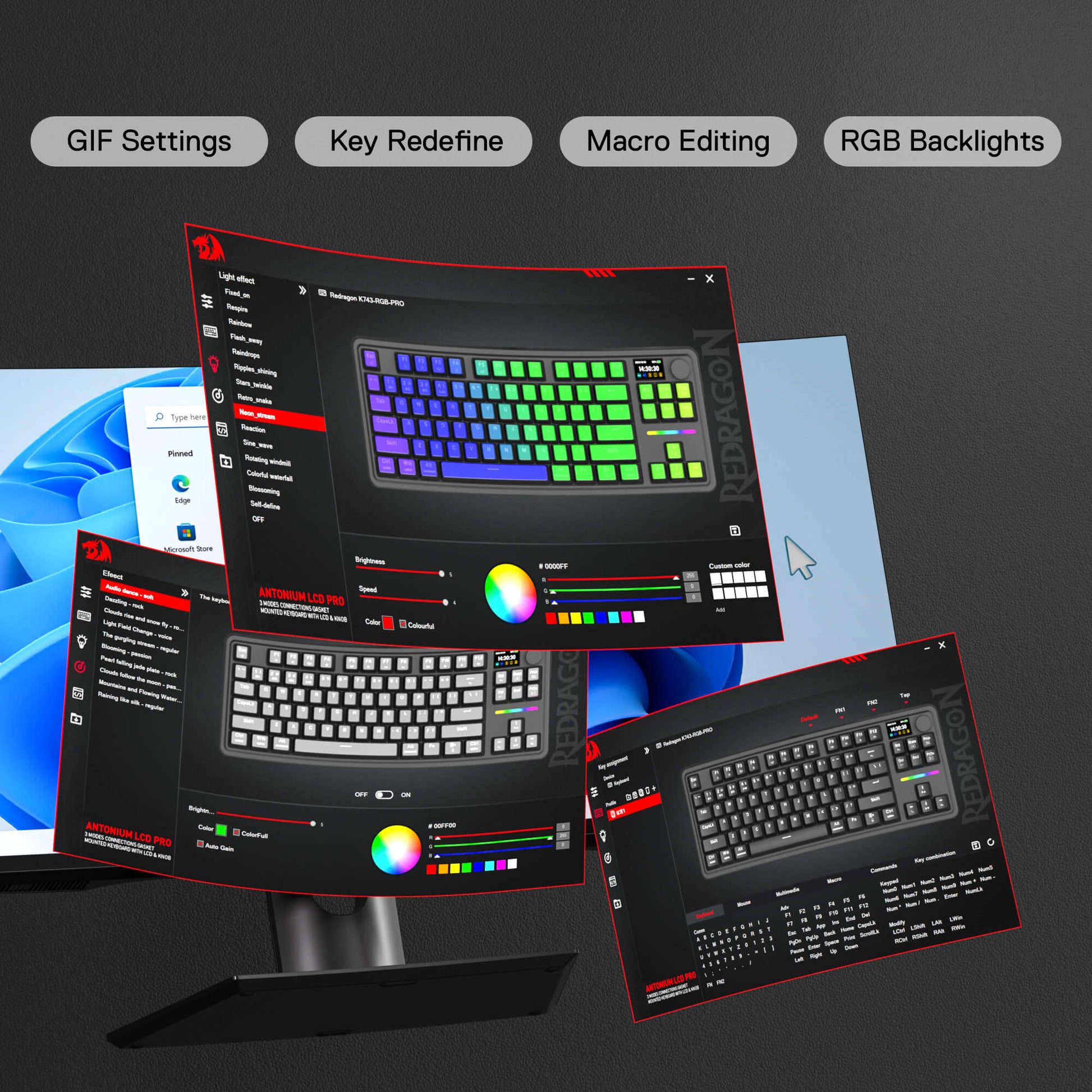 Keyboard with software interface for configuring settings like GIF settings, key redefine, macro editing, and RGB backlights.