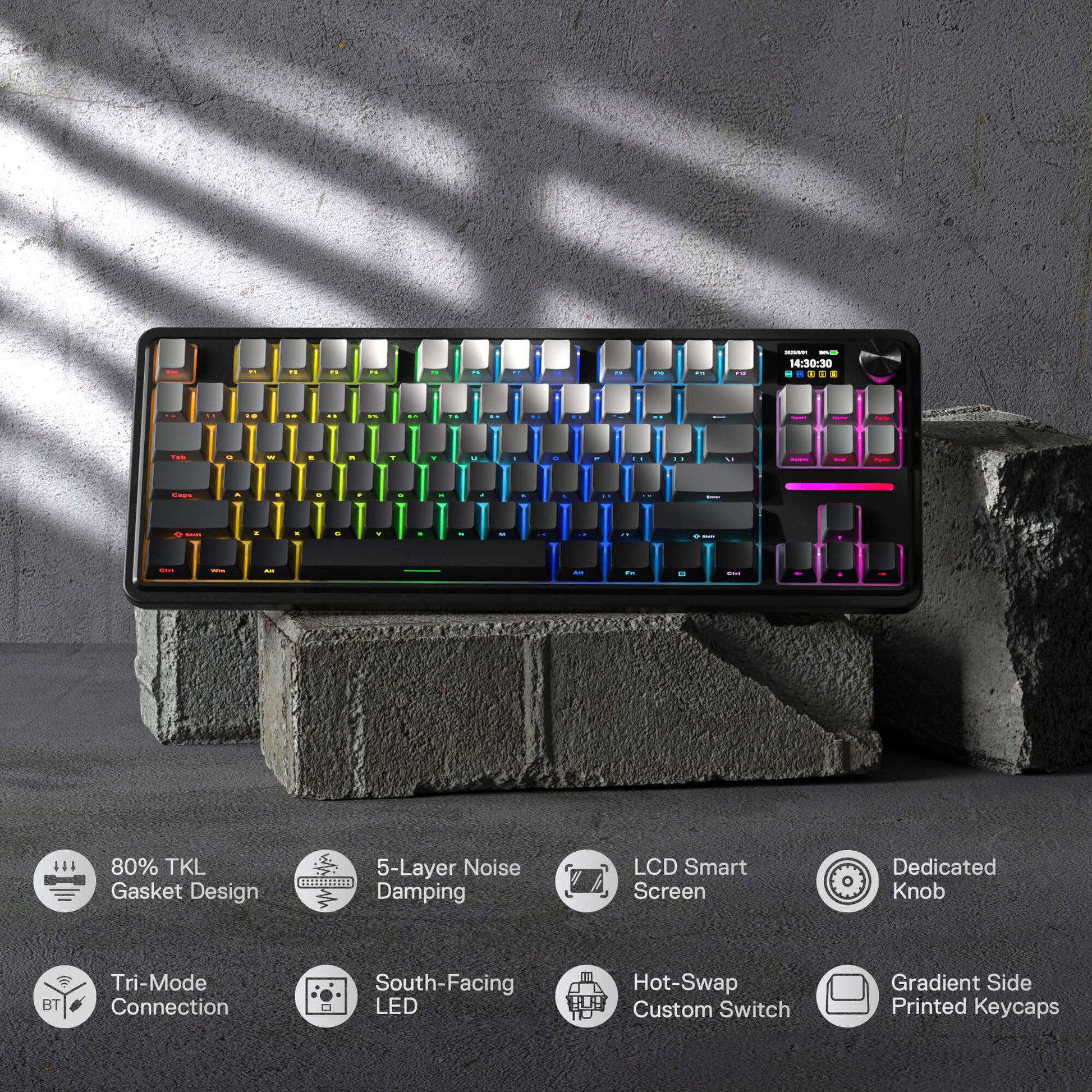 Redragon K743 PRO GB 80% Gasket RGB Gaming Keyboard w/Hype 1.14’’ TFT Screen & Knob, 84 Keys Mechanical Keyboard, 5-Layer Noise Dampening, Hot-Swap South-Facing RGB Socket, Gradient PBT Keycaps