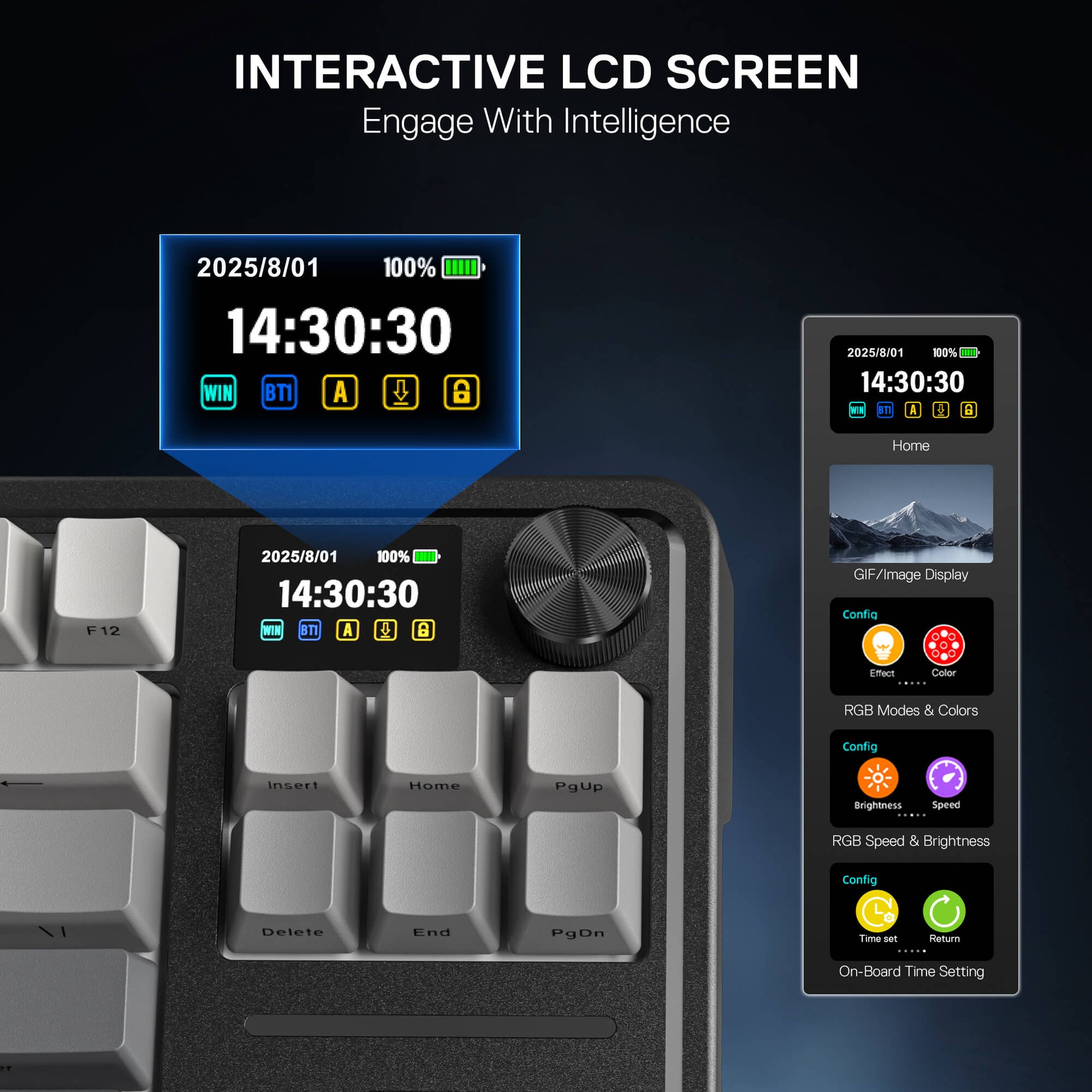 Redragon Keyboard with interactive LCD screen displaying time and date on a dark background