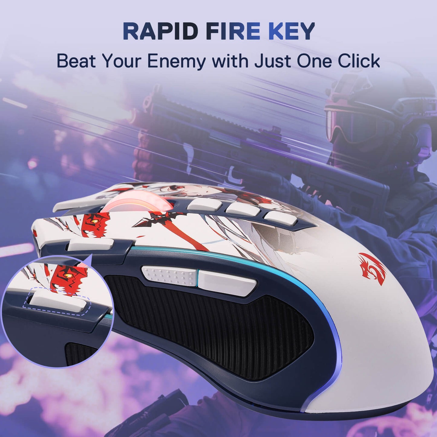 Gaming mouse with rapid fire key feature on a blurred background of a person playing video games.