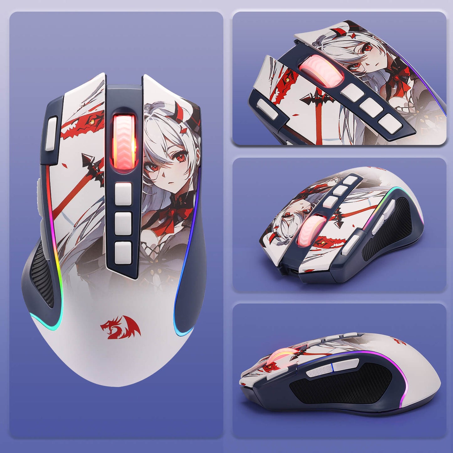 Gaming mouse with anime character design on a purple background