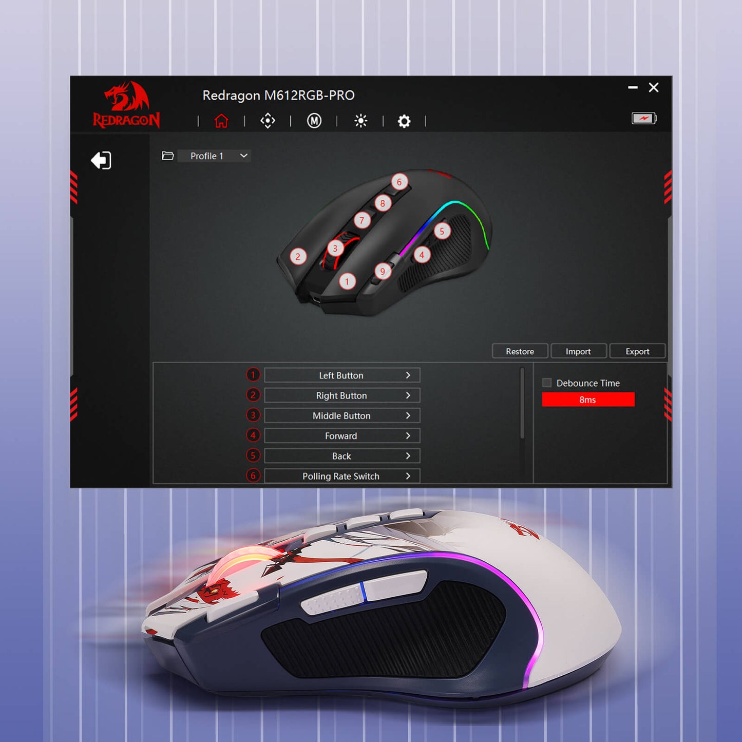 Gaming mouse with RGB lighting on a computer screen displaying Redragon software interface.