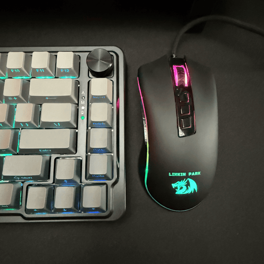 Gaming keyboard and mouse with RGB lighting on a dark surface
