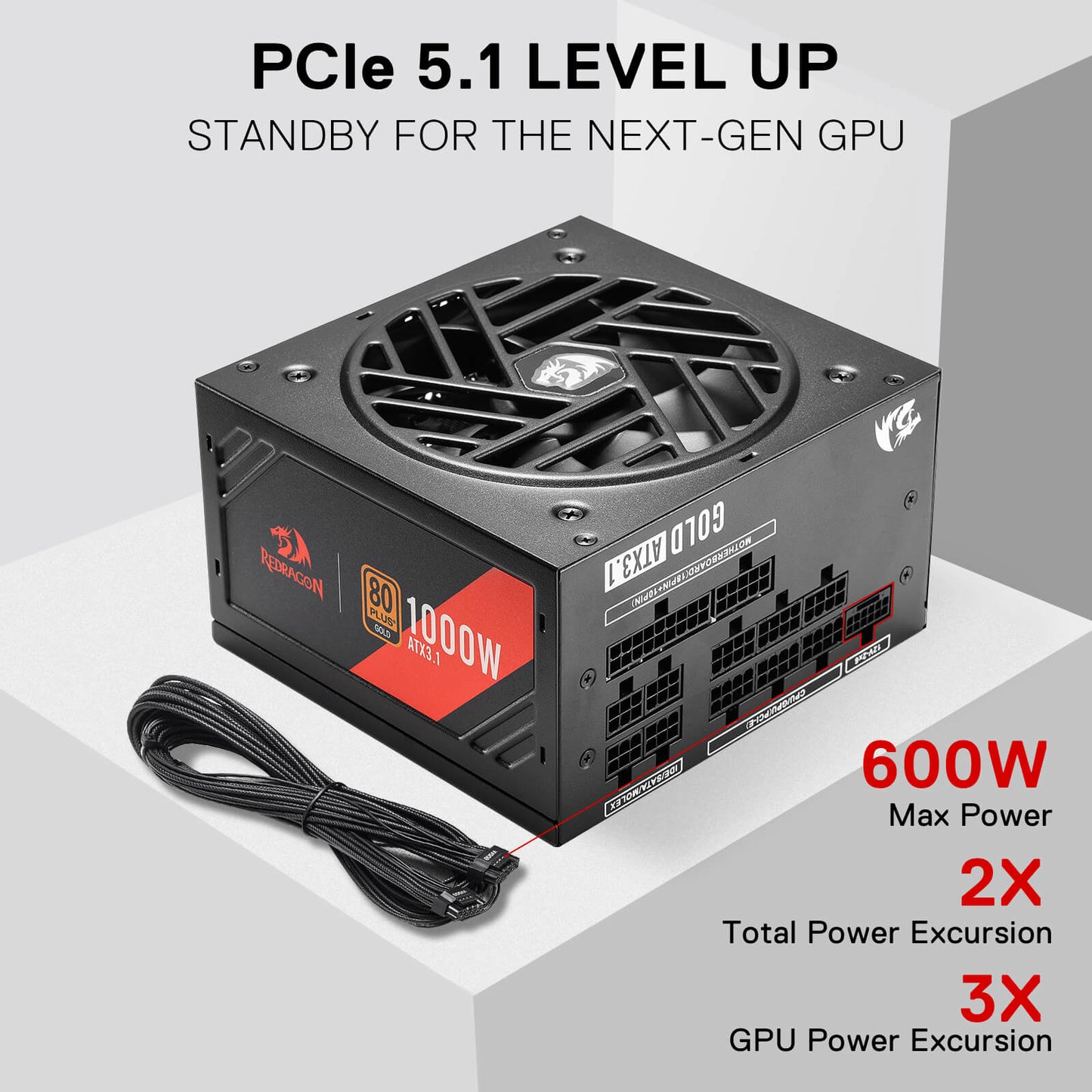 Redragon RGPS PRO 80+ Gold 1000 Watt Power Supply w/Upgraded ATX 3.1 & PCIe 5.1 Fully Modular, Compact 150mm Size, Smart ECO Low Noise Fan, 100% Japanese Capacitors, Full Mod Cables