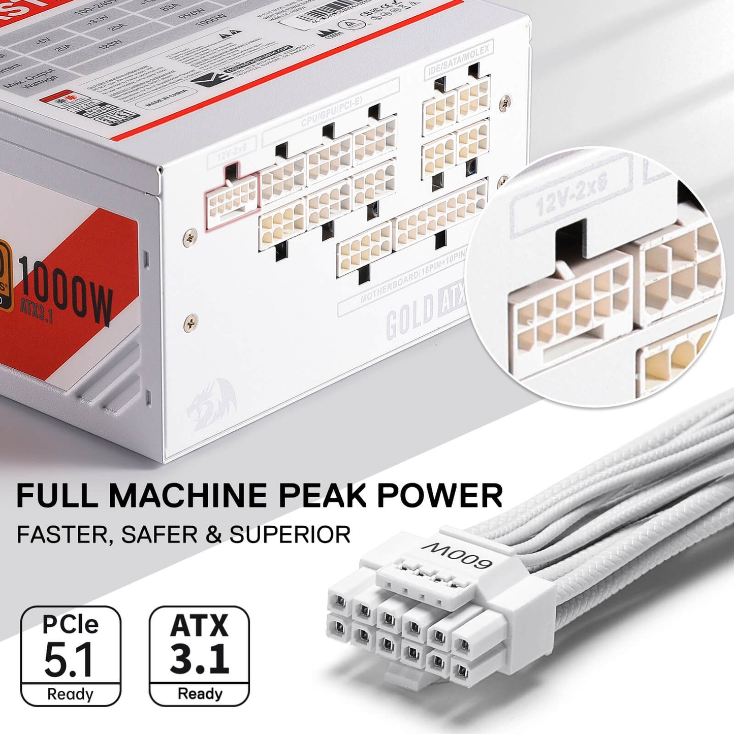 Redragon RGPS PRO 80+ Gold 1000 Watt Power Supply w/Upgraded ATX 3.1 & PCIe 5.1 Fully Modular, Compact 150mm Size, Smart ECO Low Noise Fan, 100% Japanese Capacitors, Full Mod Cables