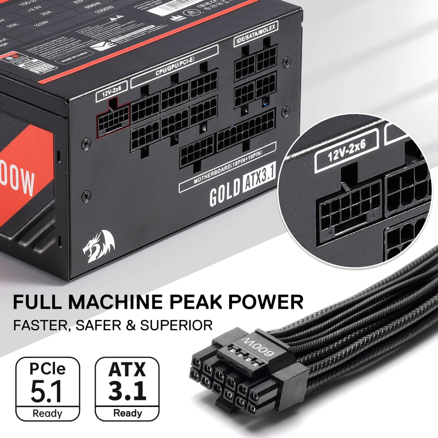 Redragon RGPS PRO 80+ Gold 1000 Watt Power Supply w/Upgraded ATX 3.1 & PCIe 5.1 Fully Modular, Compact 150mm Size, Smart ECO Low Noise Fan, 100% Japanese Capacitors, Full Mod Cables