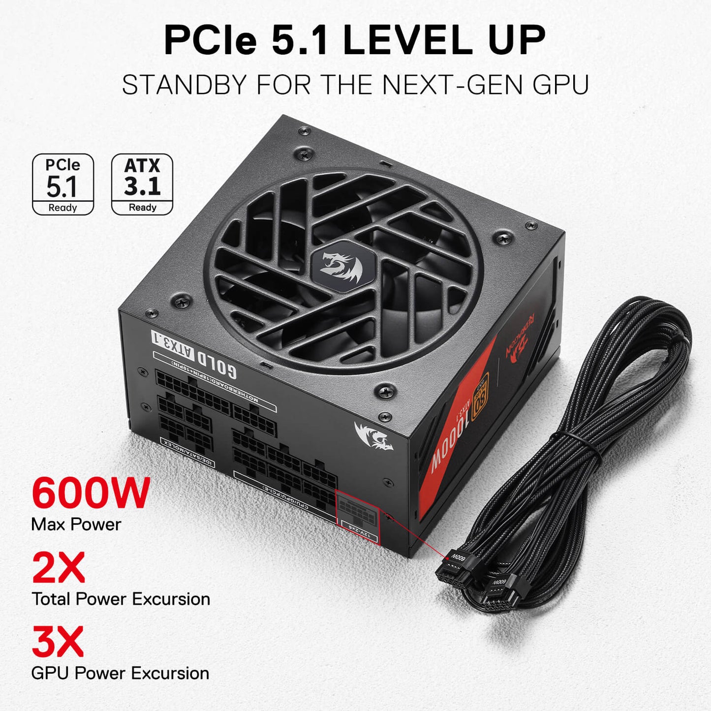 Redragon RGPS PRO 80+ Gold 1000 Watt Power Supply w/Upgraded ATX 3.1 & PCIe 5.1 Fully Modular, Compact 150mm Size, Smart ECO Low Noise Fan, 100% Japanese Capacitors, Full Mod Cables