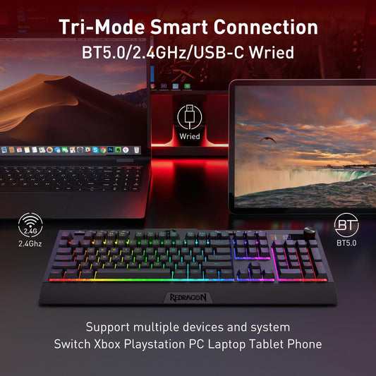Redragon K525 PRO RGB Wireless Membrane Gaming Keyboard, Screen + Knob
3-Mode Linear Mechanical-Feel Switch, 4 Extra On-Board Macro Keys, Dedicated Media & Display Control, Ergonomic Wrist Rest