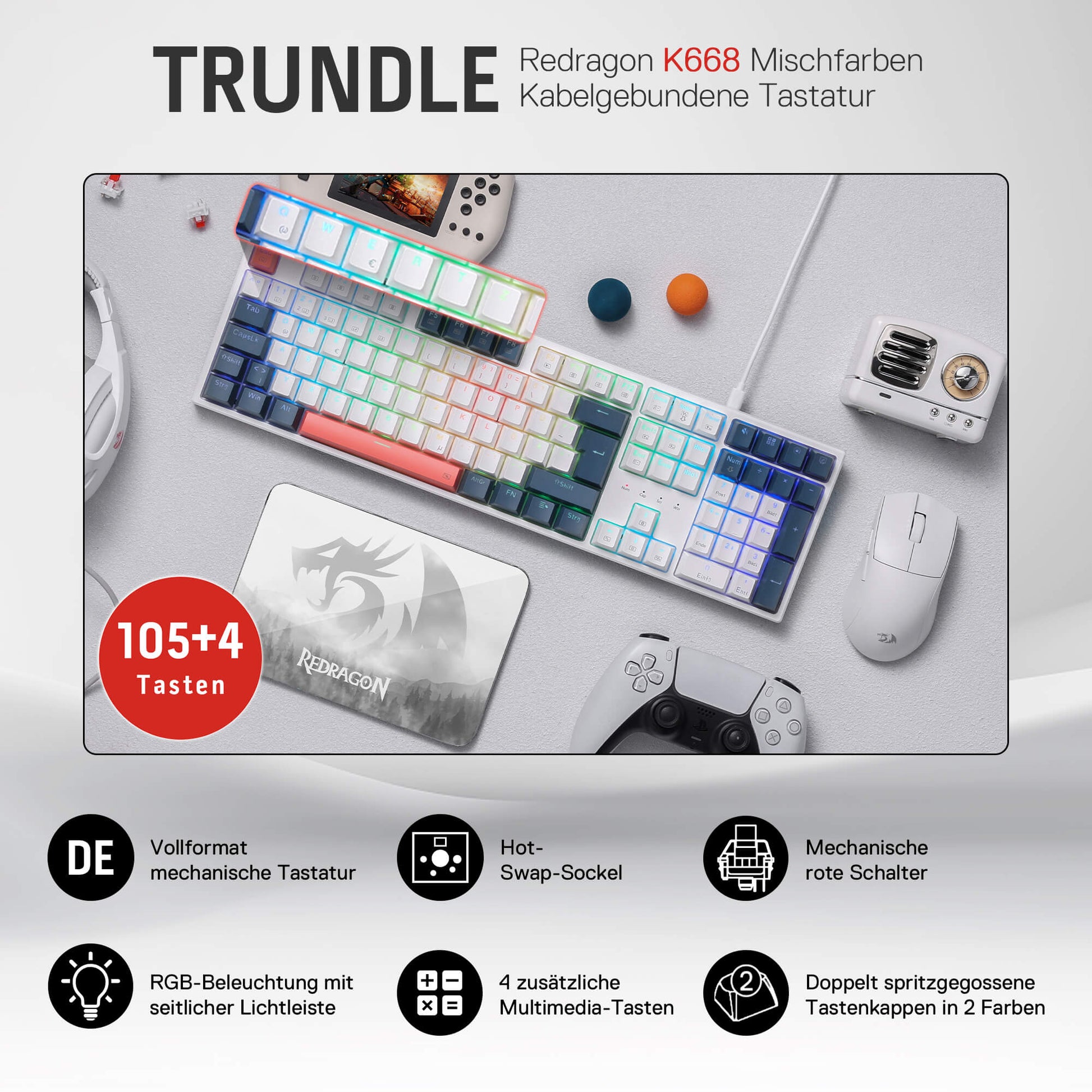 Redragon K668 QWERTZ-Layout Kabelgebundene Gaming-Tastatur, 105+4 Tasten Tastatur, Hot-Swap Sockel, Leise Roten Schaltern, Mischfarben-Tastenkappen, RGB-Hintergrundbeleuchtung, Multimedia-Shortcuts