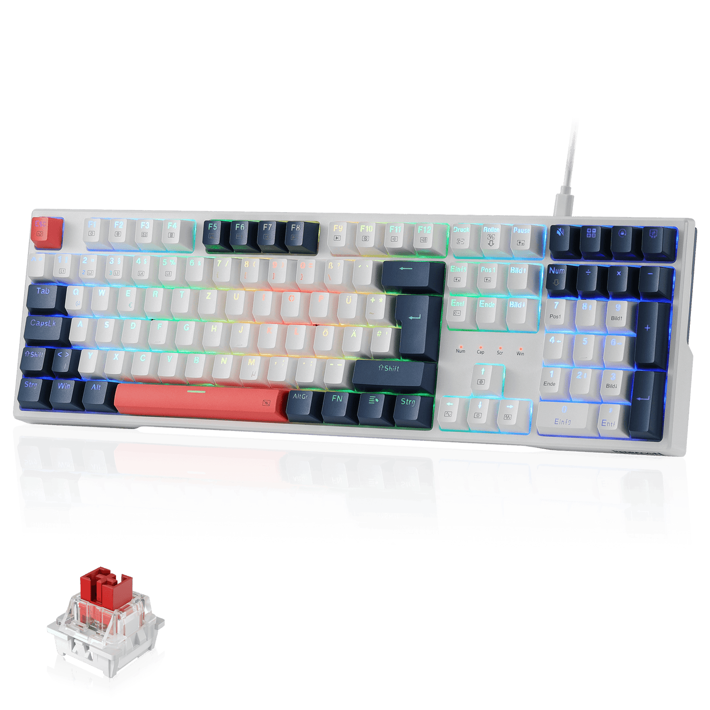 Redragon K668 QWERTZ-Layout Kabelgebundene Gaming-Tastatur, 105+4 Tasten Tastatur, Hot-Swap Sockel, Leise Roten Schaltern, Mischfarben-Tastenkappen, RGB-Hintergrundbeleuchtung, Multimedia-Shortcuts