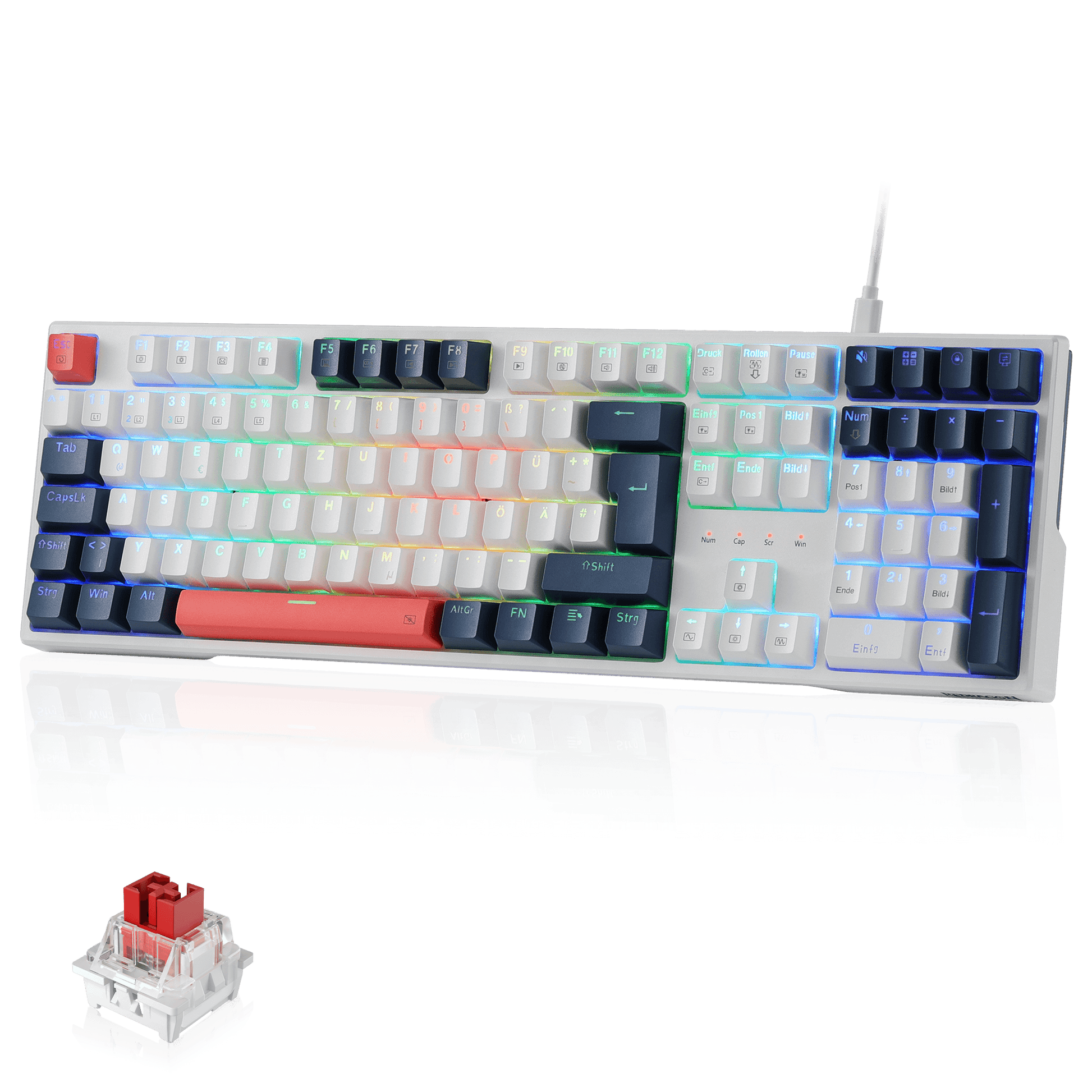 Redragon K668 QWERTZ-Layout Kabelgebundene Gaming-Tastatur, 105+4 Tasten Tastatur, Hot-Swap Sockel, Leise Roten Schaltern, Mischfarben-Tastenkappen, RGB-Hintergrundbeleuchtung, Multimedia-Shortcuts
