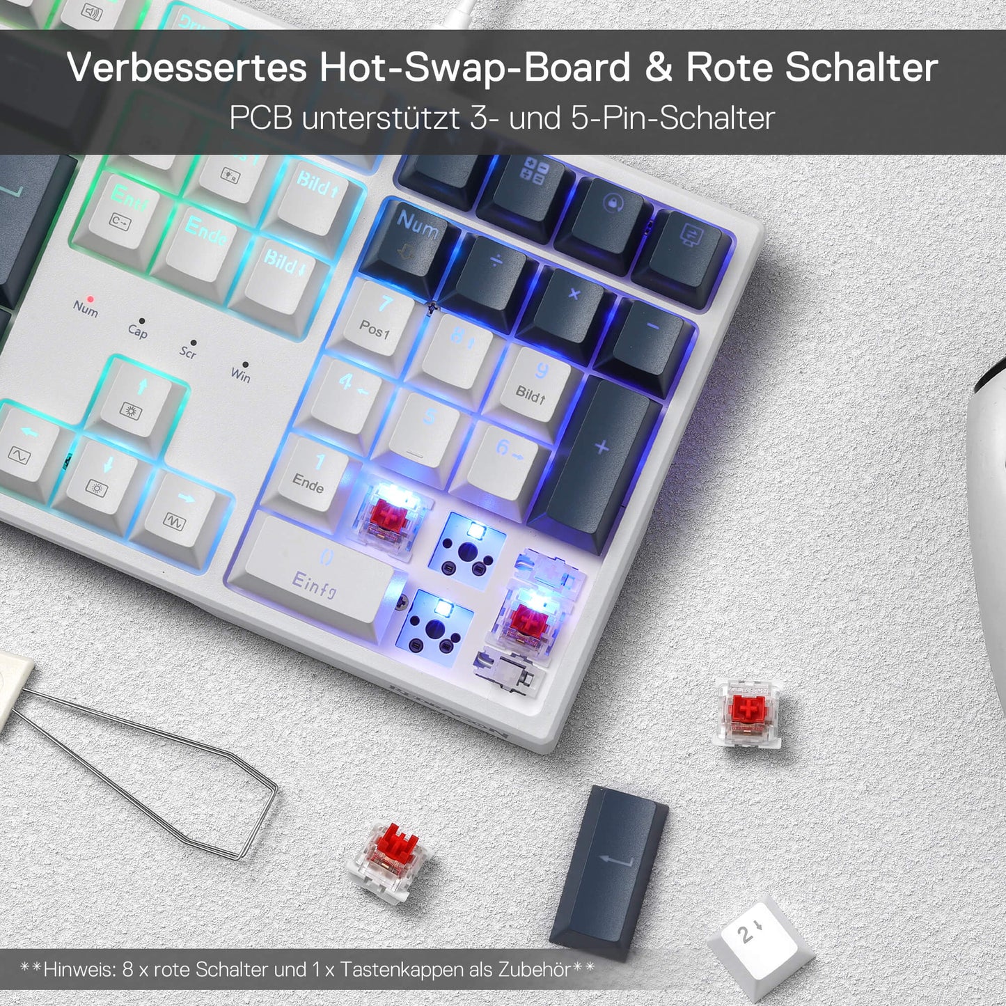 Redragon K668 QWERTZ-Layout Kabelgebundene Gaming-Tastatur, 105+4 Tasten Tastatur, Hot-Swap Sockel, Leise Roten Schaltern, Mischfarben-Tastenkappen, RGB-Hintergrundbeleuchtung, Multimedia-Shortcuts
