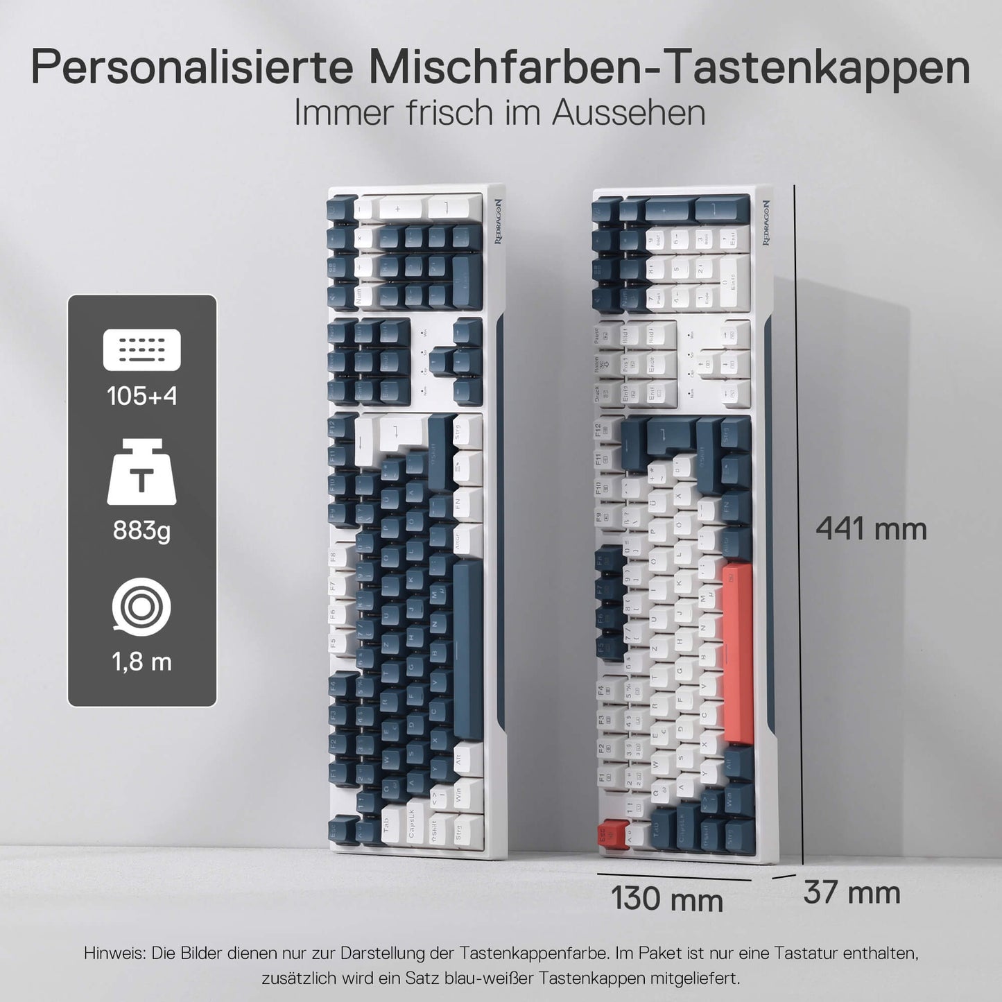 Redragon K668 QWERTZ-Layout Kabelgebundene Gaming-Tastatur, 105+4 Tasten Tastatur, Hot-Swap Sockel, Leise Roten Schaltern, Mischfarben-Tastenkappen, RGB-Hintergrundbeleuchtung, Multimedia-Shortcuts