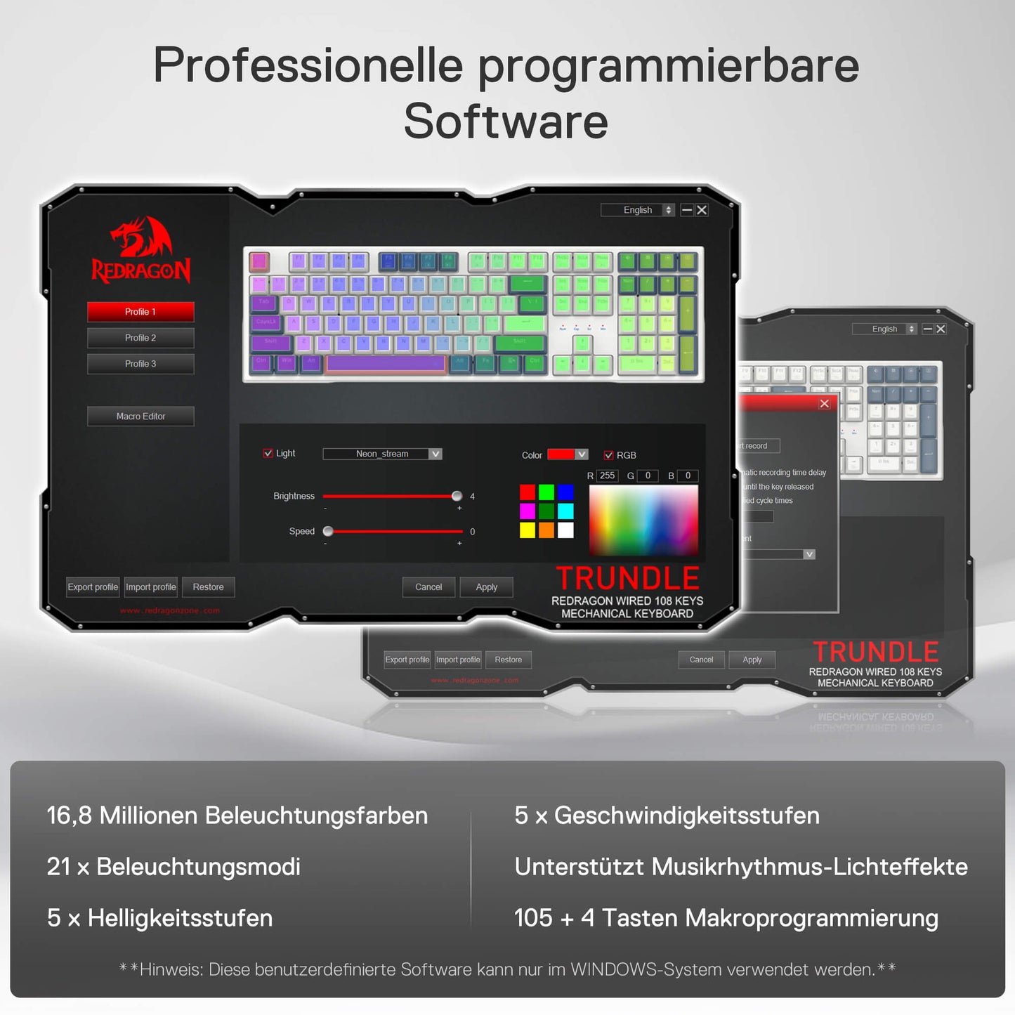 Redragon K668 QWERTZ-Layout Kabelgebundene Gaming-Tastatur, 105+4 Tasten Tastatur, Hot-Swap Sockel, Leise Roten Schaltern, Mischfarben-Tastenkappen, RGB-Hintergrundbeleuchtung, Multimedia-Shortcuts