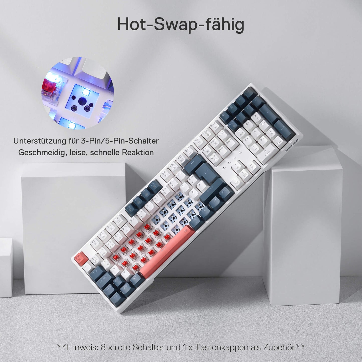 Redragon K668 QWERTZ-Layout Kabelgebundene Gaming-Tastatur, 105+4 Tasten Tastatur, Hot-Swap Sockel, Leise Roten Schaltern, Mischfarben-Tastenkappen, RGB-Hintergrundbeleuchtung, Multimedia-Shortcuts