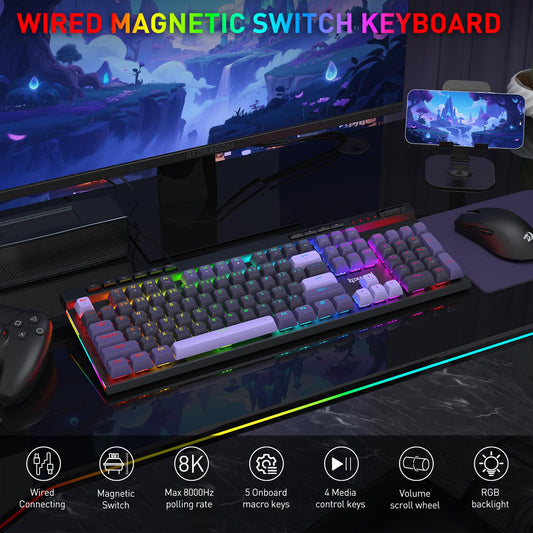 Redragon K580 HE Rapid Trigger Gaming Keyboard, 100% 104 Keys Wired Mechanical Keyboard w/Hyper-Fast Actuation, 8K Hall Effect Magnetic Switch, Dedicated Media Controls, Onboard Macro Recording