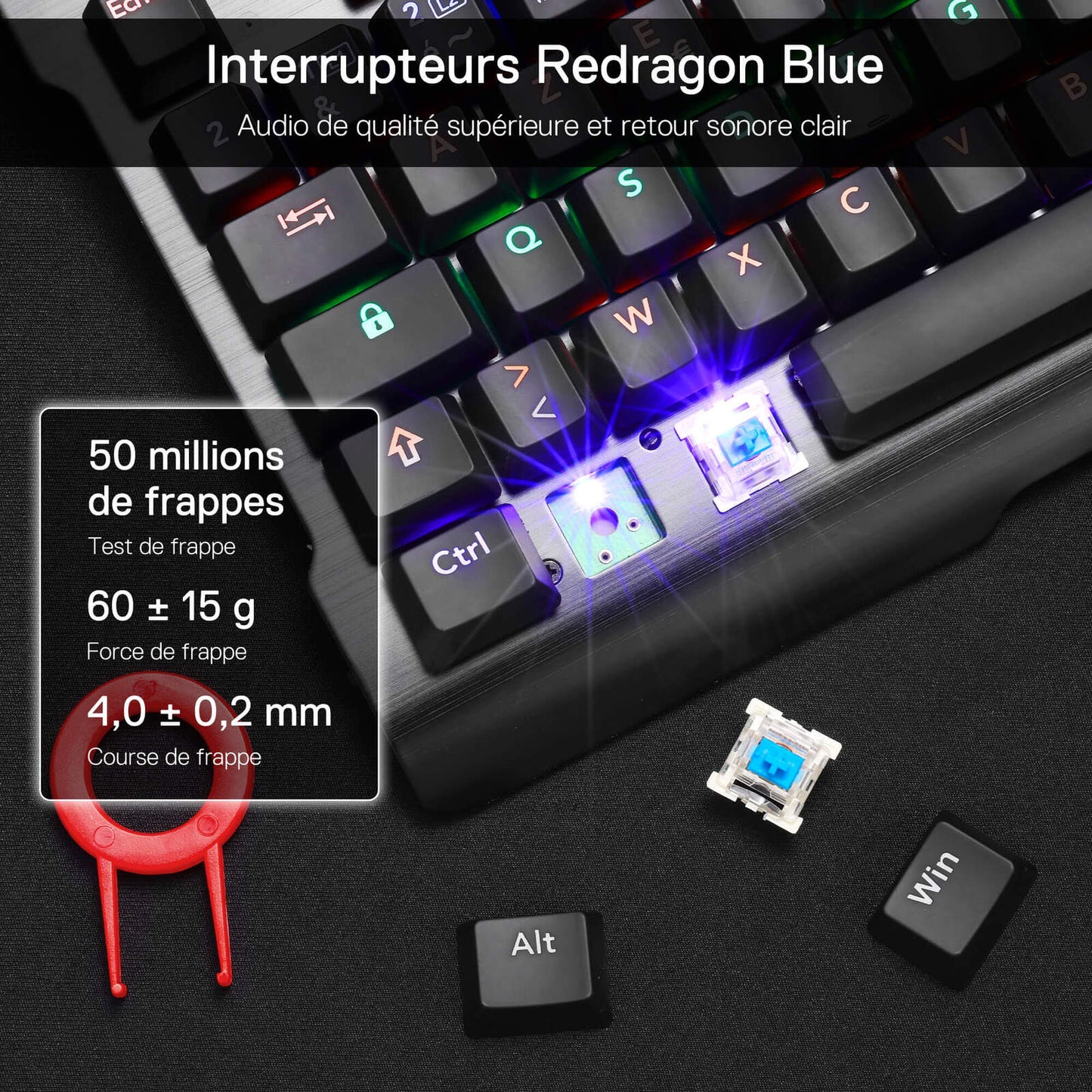 Les interrupteurs bleus Redragon sont détaillés, avec des spécifications : 50 millions de frappes, force de 60 ± 15 g et course de frappe de 4,0 ± 0,2 mm, accompagnés d'un extracteur de touches.