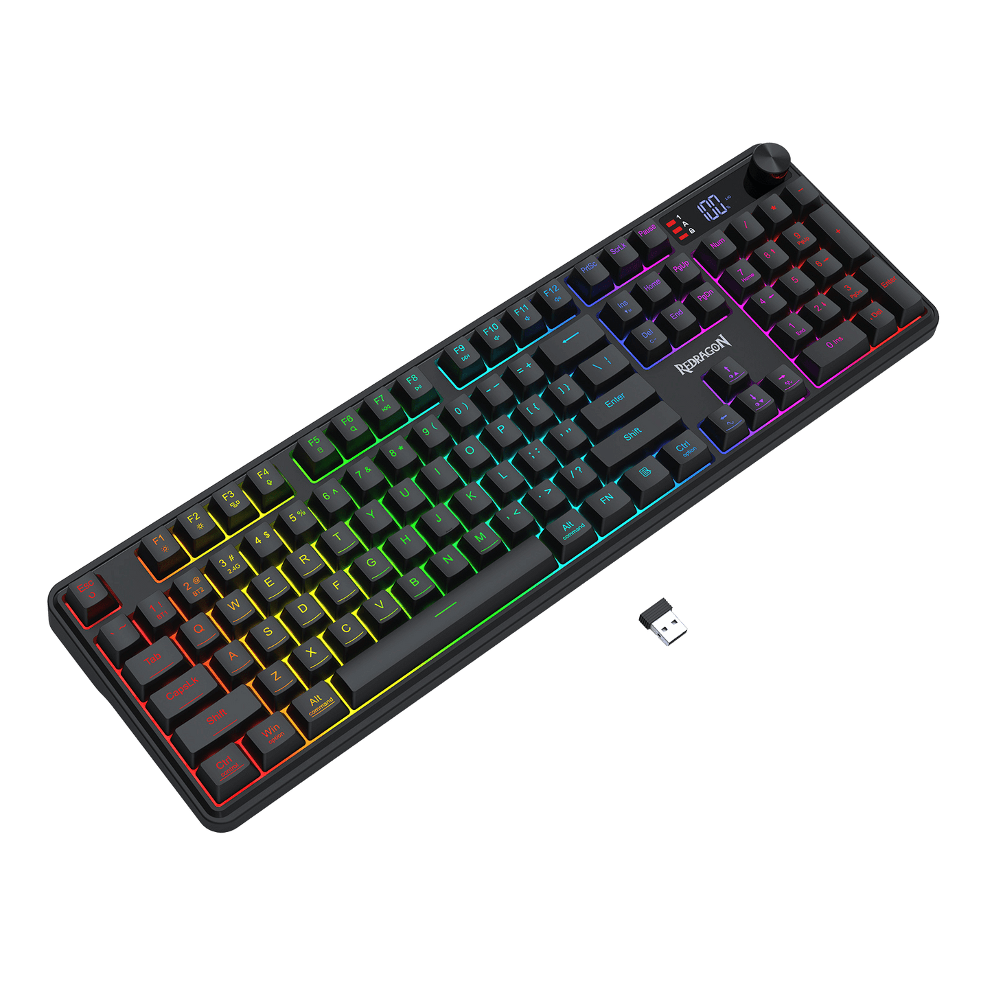 Redragon K526 PRO RGB Wireless Membrane Gaming Keyboard, 104 Keys Mechanical-Feel Keyboard w/LED Info Display, Media/Backlit Knob Control, Smooth Linear Switch & Software Supported