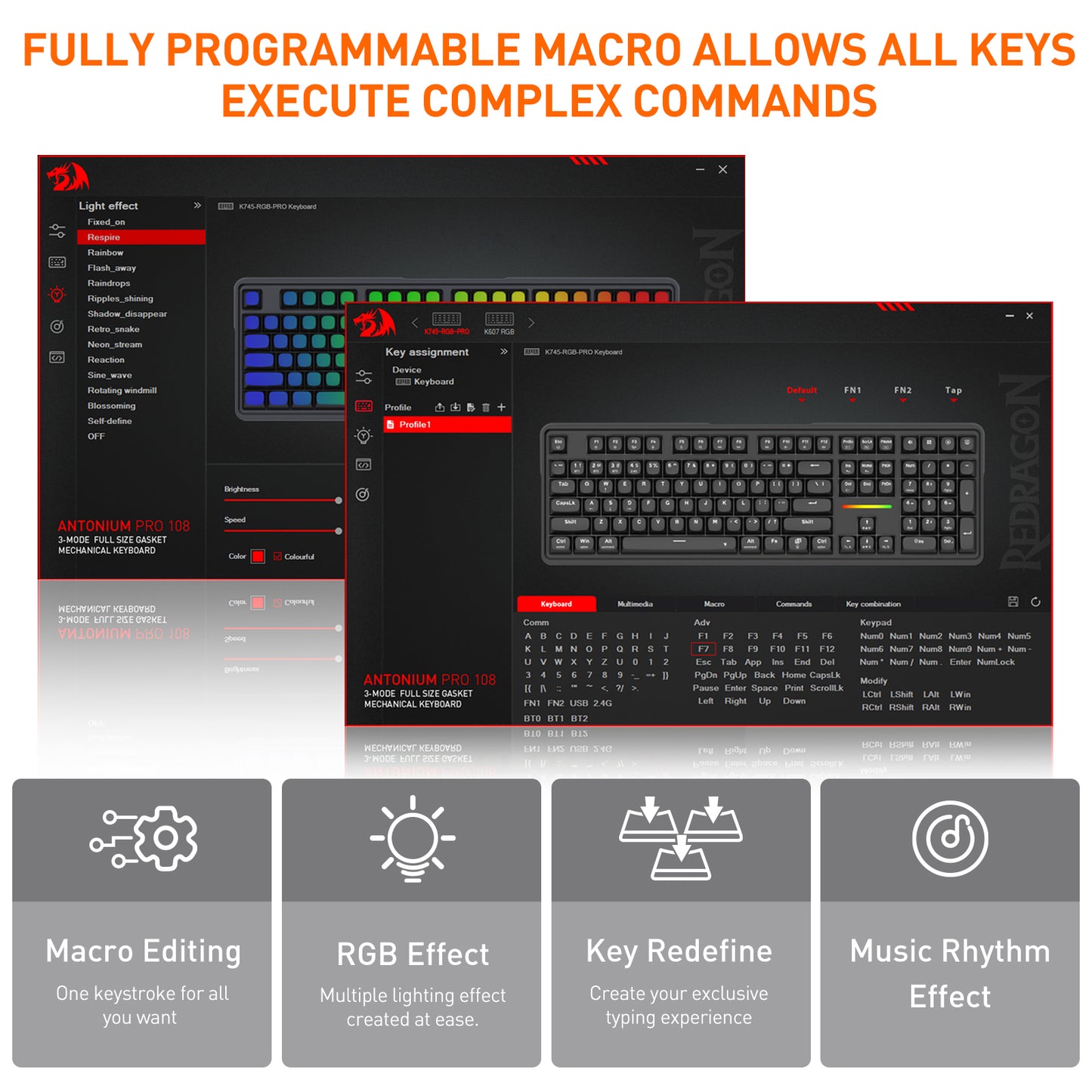 Promotional graphic for a programmable macro software or keyboard customization tool, showing three overlapping dark user interface windows with keyboard graphics and orange text at the top reading 'FULLY PROGRAMMABLE MACRO ALLOWS ALL KEYS EXECUTE COMPLEX COMMANDS.' Four gray feature tiles at the bottom highlight macro editing, RGB effect, key redefine, and music rhythm effect.