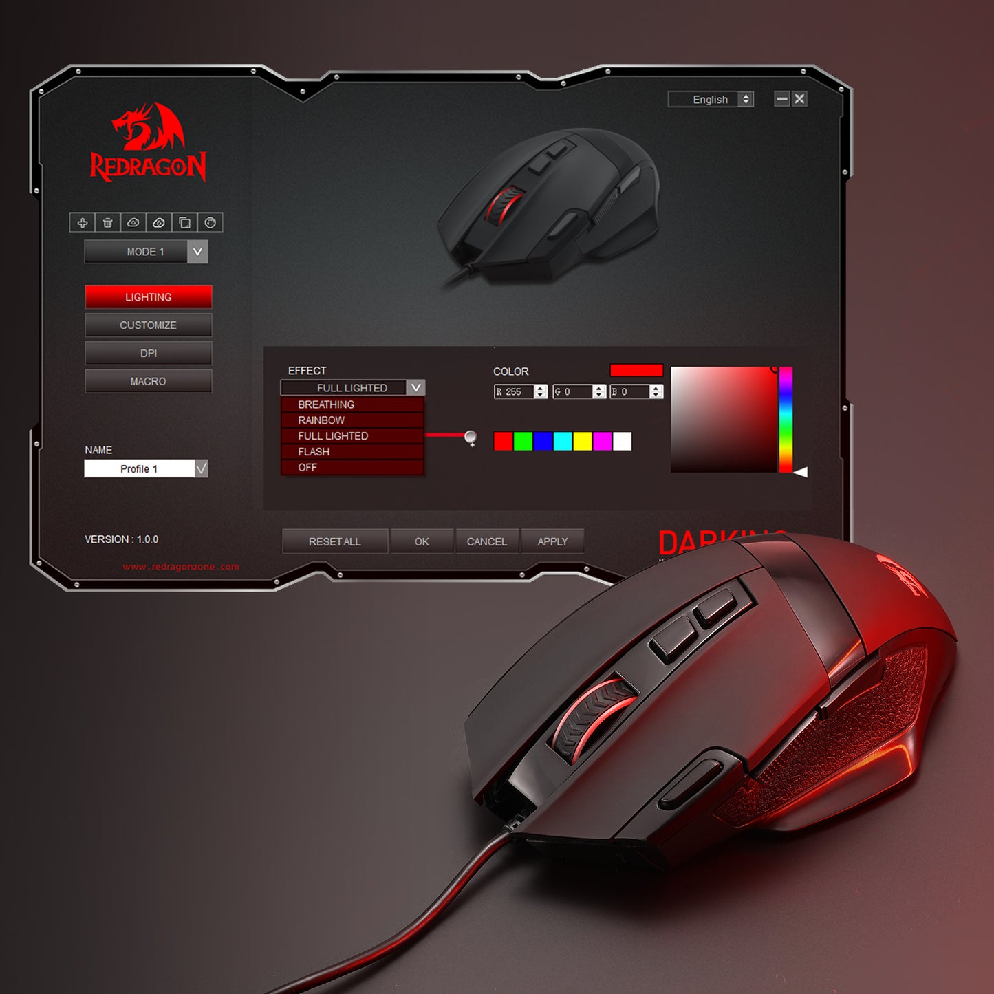 This image shows a Redragon gaming mouse (lit in red RGB) paired with its customization software interface, which allows adjusting lighting effects, colors, and other settings for personalized use.