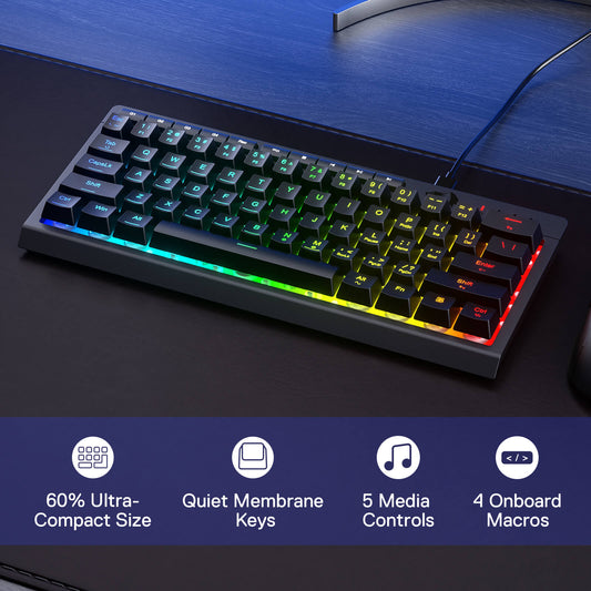 Redragon K522 60% RGB Membrane Gaming Keyboard, Compact 61 Keys Linear Mechanical-Feel Switch Keyboard w/ 4 Extra On-Board Macro Keys & Media Control Keys