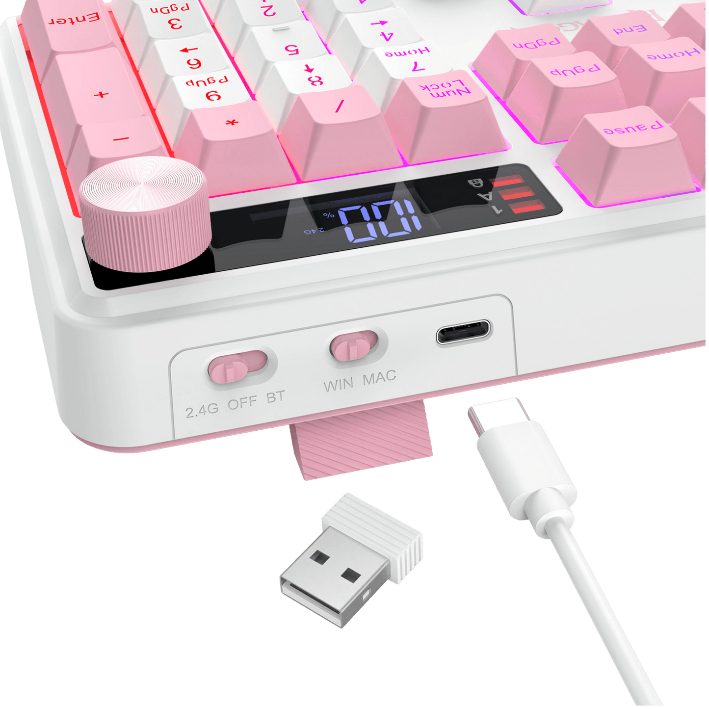 White and pink mechanical keyboard with pink backlighting, a pink rotary knob, a digital display, and a pink USB-C charging port. A pink USB cable and a small USB receiver are shown in front on a black background.