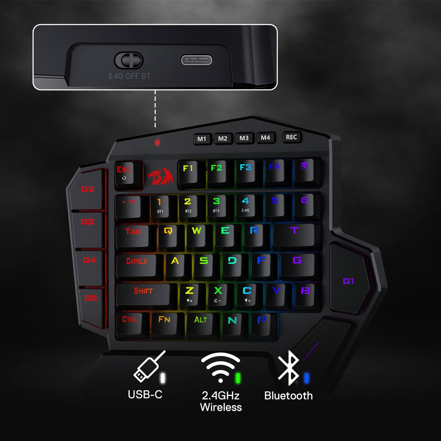 Redragon K585 PRO Wireless One-Handed Mechanical Keyboard, 42 Keys 3-Mode RGB 40% Gaming Keypad w/ 7 Onboard Macro Keys, Detachable Wrist Support, Durable Battery