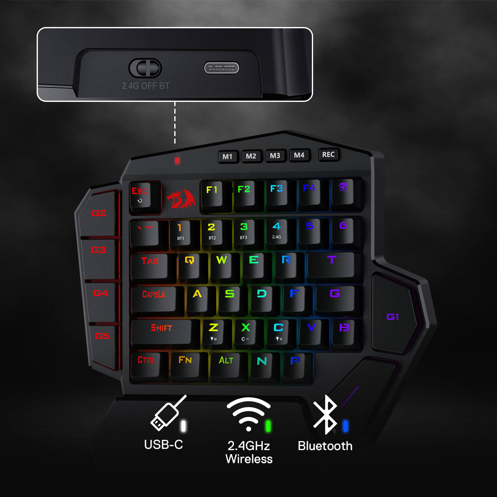 Redragon K585 PRO Wireless One-Handed Mechanical Keyboard, 42 Keys 3-Mode RGB 40% Gaming Keypad w/ 7 Onboard Macro Keys, Detachable Wrist Support, Durable Battery