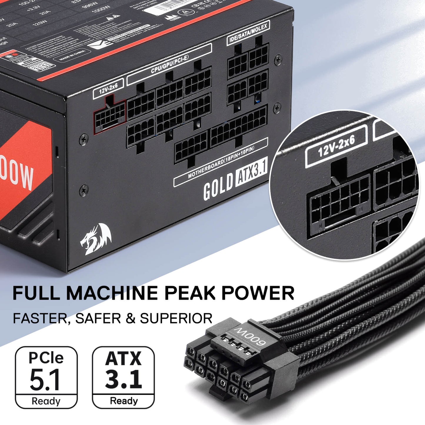 Redragon RGMS-1200W PRO 80+ Gold 1200 Watt Power Supply w/Upgraded ATX 3.1 & PCIe 5.1 Fully Modular, Compact 150mm Size, Smart ECO Low Noise Fan, 100% Japanese Capacitors, Full Mod Cables, Black