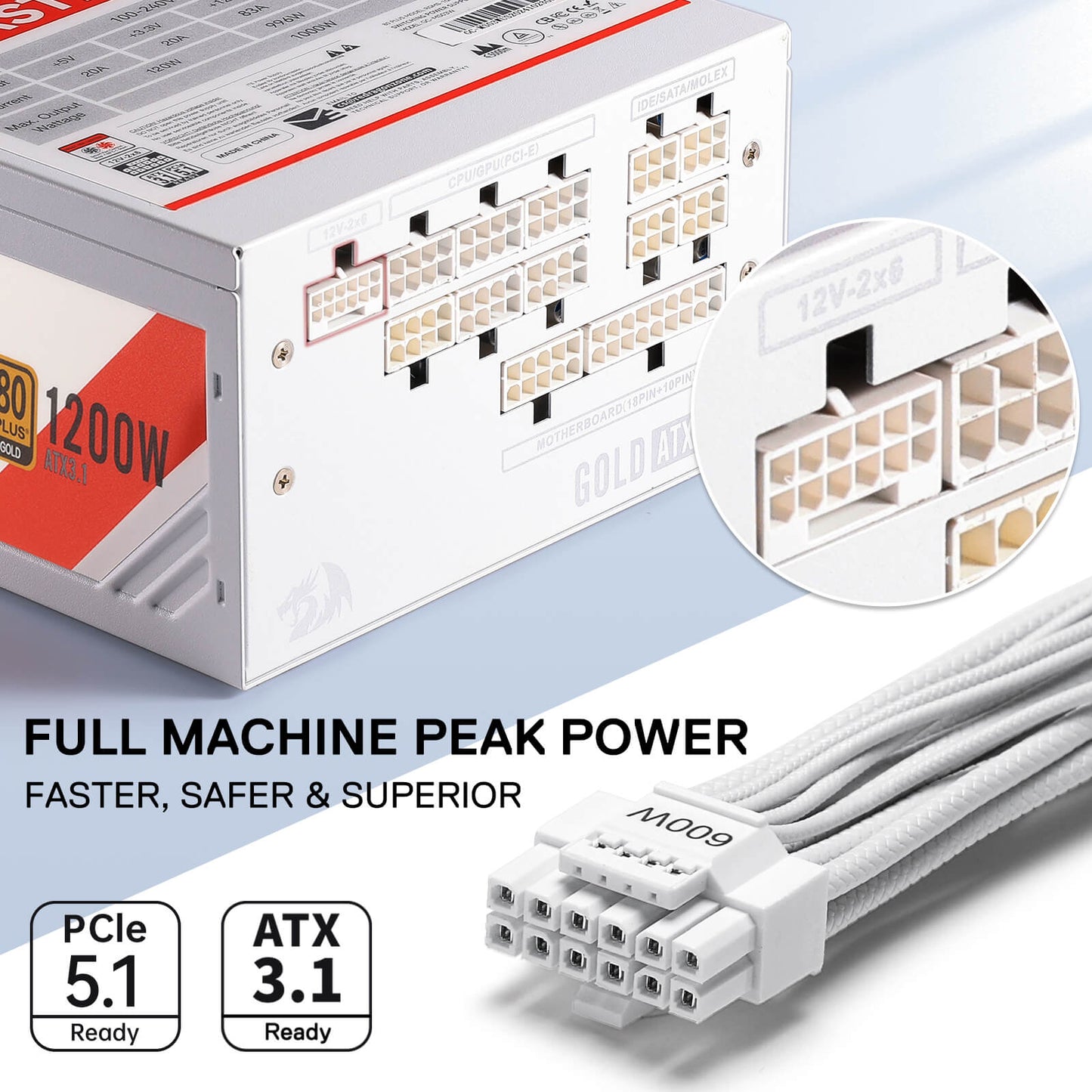 Redragon RGMS-1200W PRO 80+ Gold 1200 Watt Power Supply w/Upgraded ATX 3.1 & PCIe 5.1 Fully Modular, Compact 150mm Size, Smart ECO Low Noise Fan, 100% Japanese Capacitors, Full Mod Cables, White