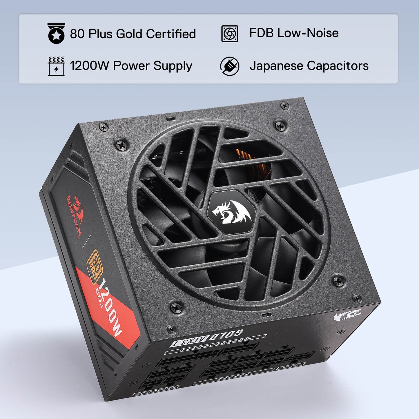 Redragon RGMS-1200W PRO 80+ Gold 1200 Watt Power Supply w/Upgraded ATX 3.1 & PCIe 5.1 Fully Modular, Compact 150mm Size, Smart ECO Low Noise Fan, 100% Japanese Capacitors, Full Mod Cables, Black