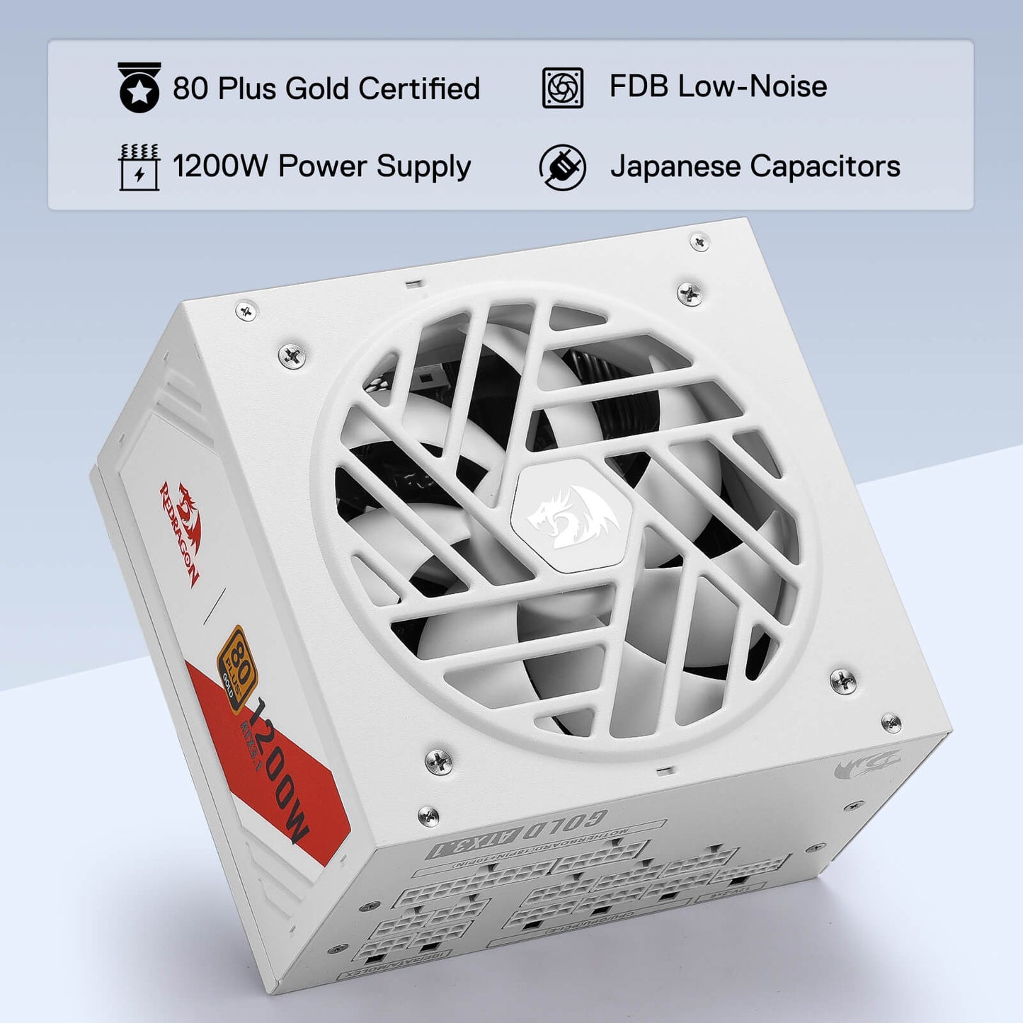 Redragon RGMS-1200W PRO 80+ Gold 1200 Watt Power Supply w/Upgraded ATX 3.1 & PCIe 5.1 Fully Modular, Compact 150mm Size, Smart ECO Low Noise Fan, 100% Japanese Capacitors, Full Mod Cables, White