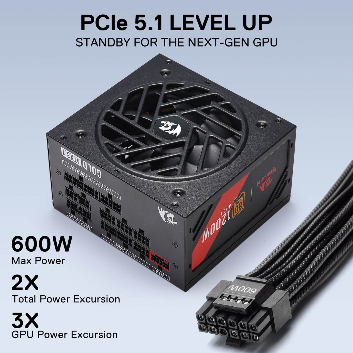Redragon RGMS-1200W PRO 80+ Gold 1200 Watt Power Supply w/Upgraded ATX 3.1 & PCIe 5.1 Fully Modular, Compact 150mm Size, Smart ECO Low Noise Fan, 100% Japanese Capacitors, Full Mod Cables, Black