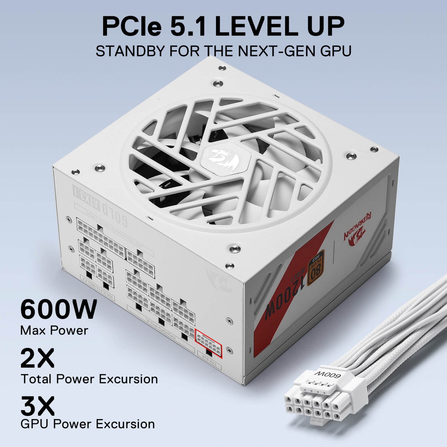 Redragon RGMS-1200W PRO 80+ Gold 1200 Watt Power Supply w/Upgraded ATX 3.1 & PCIe 5.1 Fully Modular, Compact 150mm Size, Smart ECO Low Noise Fan, 100% Japanese Capacitors, Full Mod Cables, White