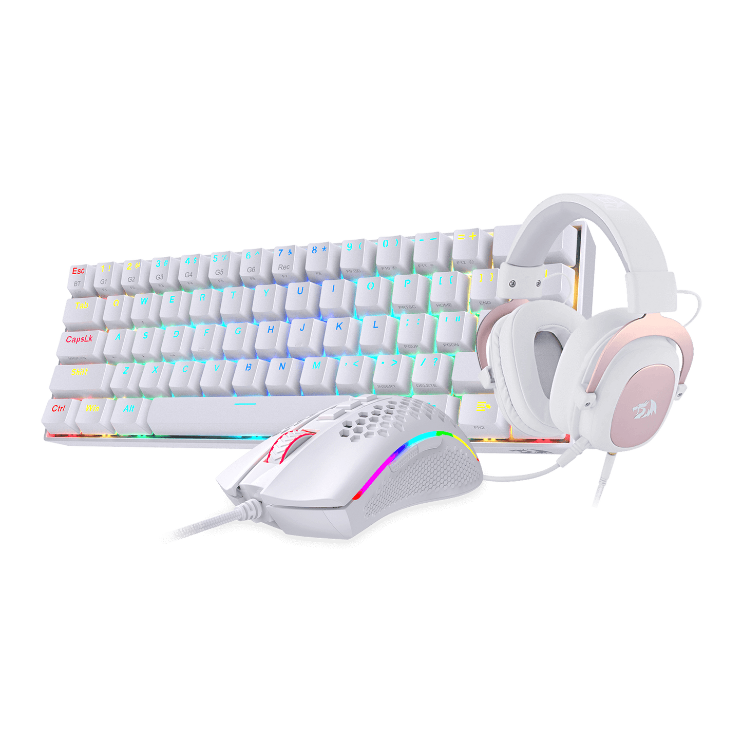 redragon white keyboard mouse and headset