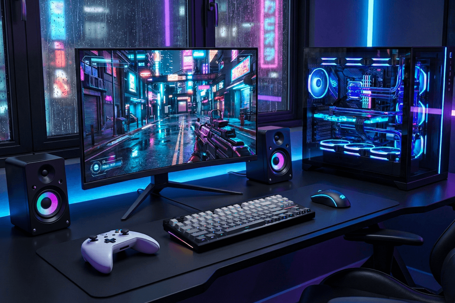 Redragon Gaming setup with monitor, keyboard, mouse, and gaming chair in a dark room with neon lights. 