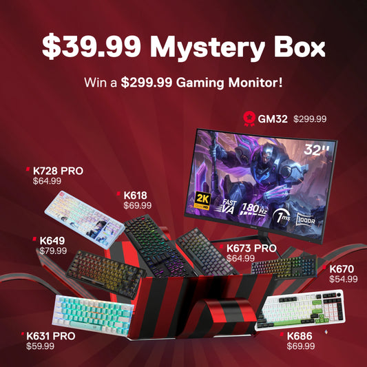 Gaming accessories with a $39.99 mystery box promotion on a red background