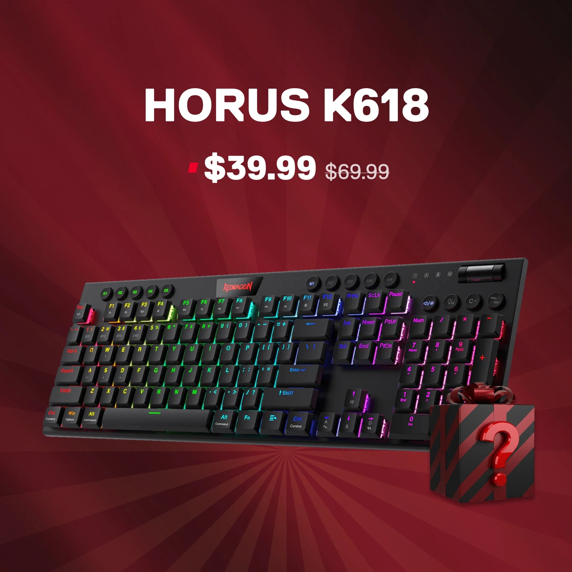 Gaming keyboard with RGB lighting on a red background, featuring 'HORUS K618' and price information.