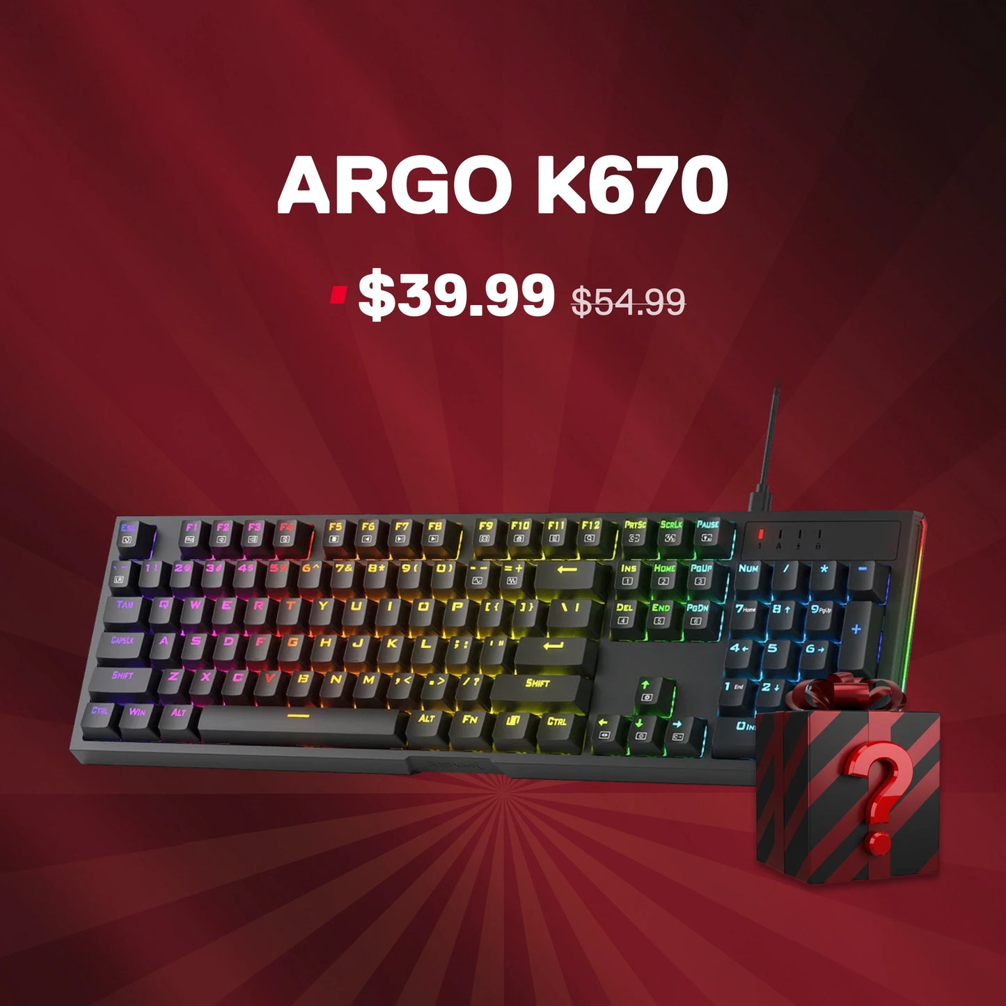 ARGO K670 keyboard with price on a red background