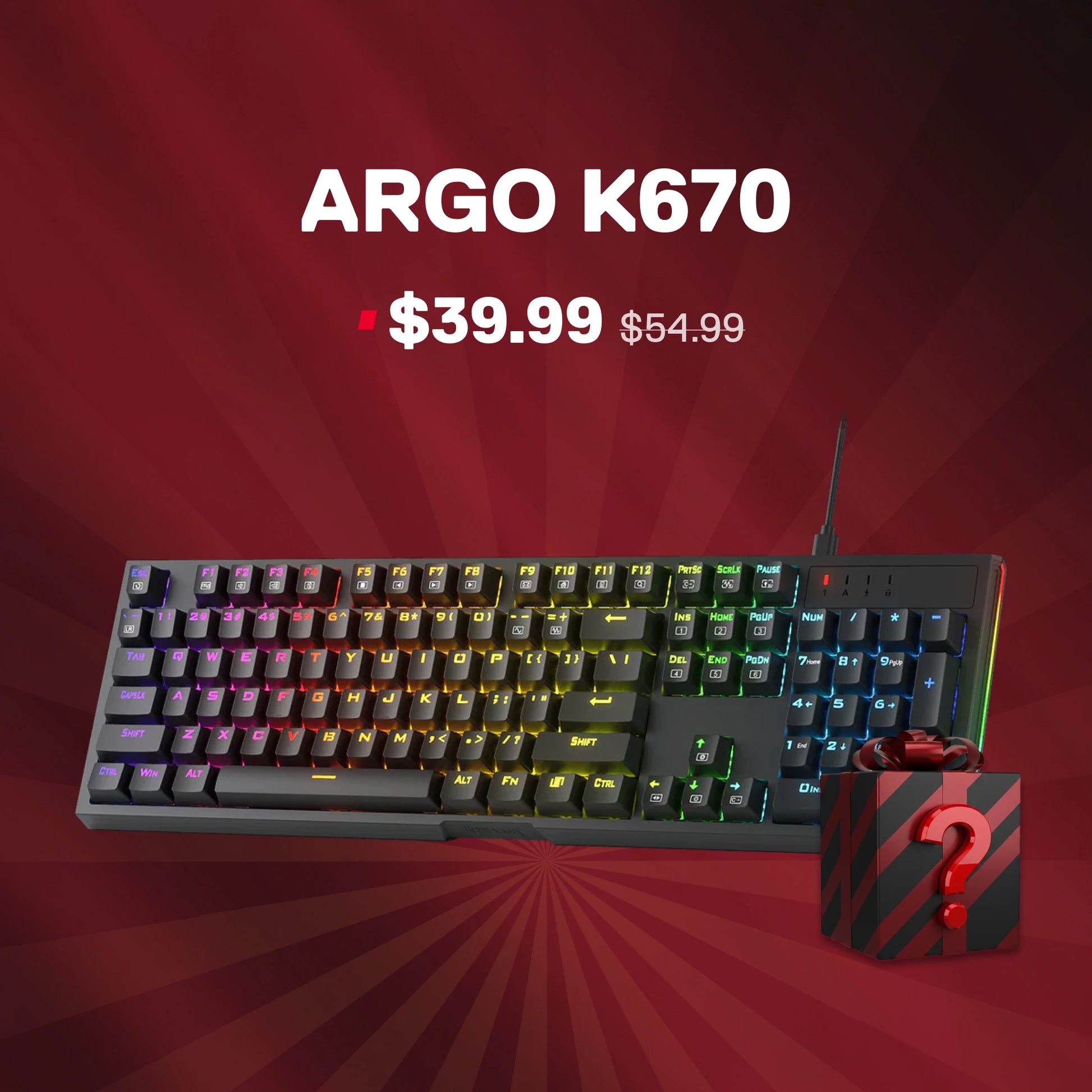 ARGO K670 keyboard with price on a red background