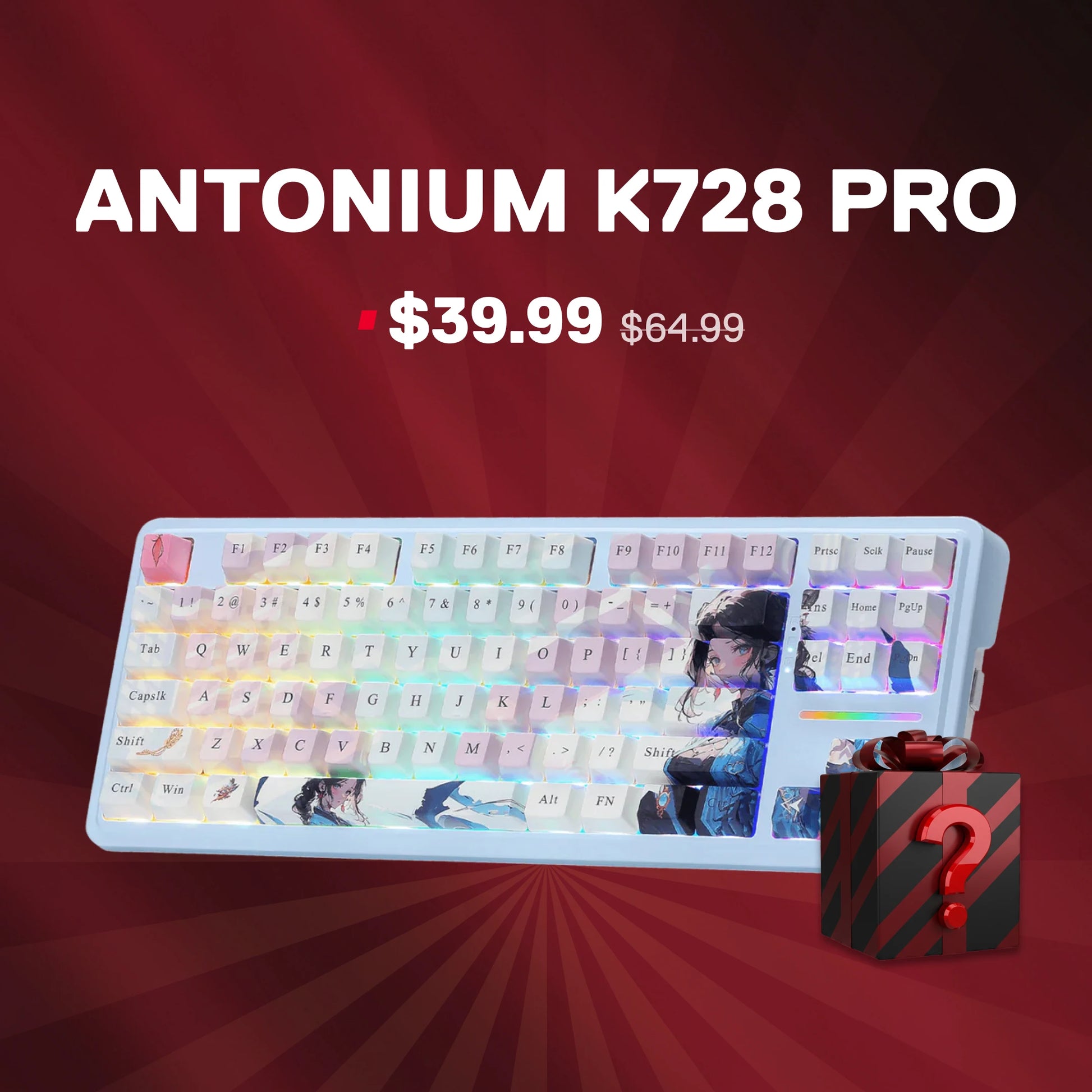 Antonium K728 Pro keyboard with price on a red background