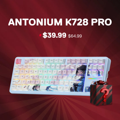 Antonium K728 Pro keyboard with price on a red background