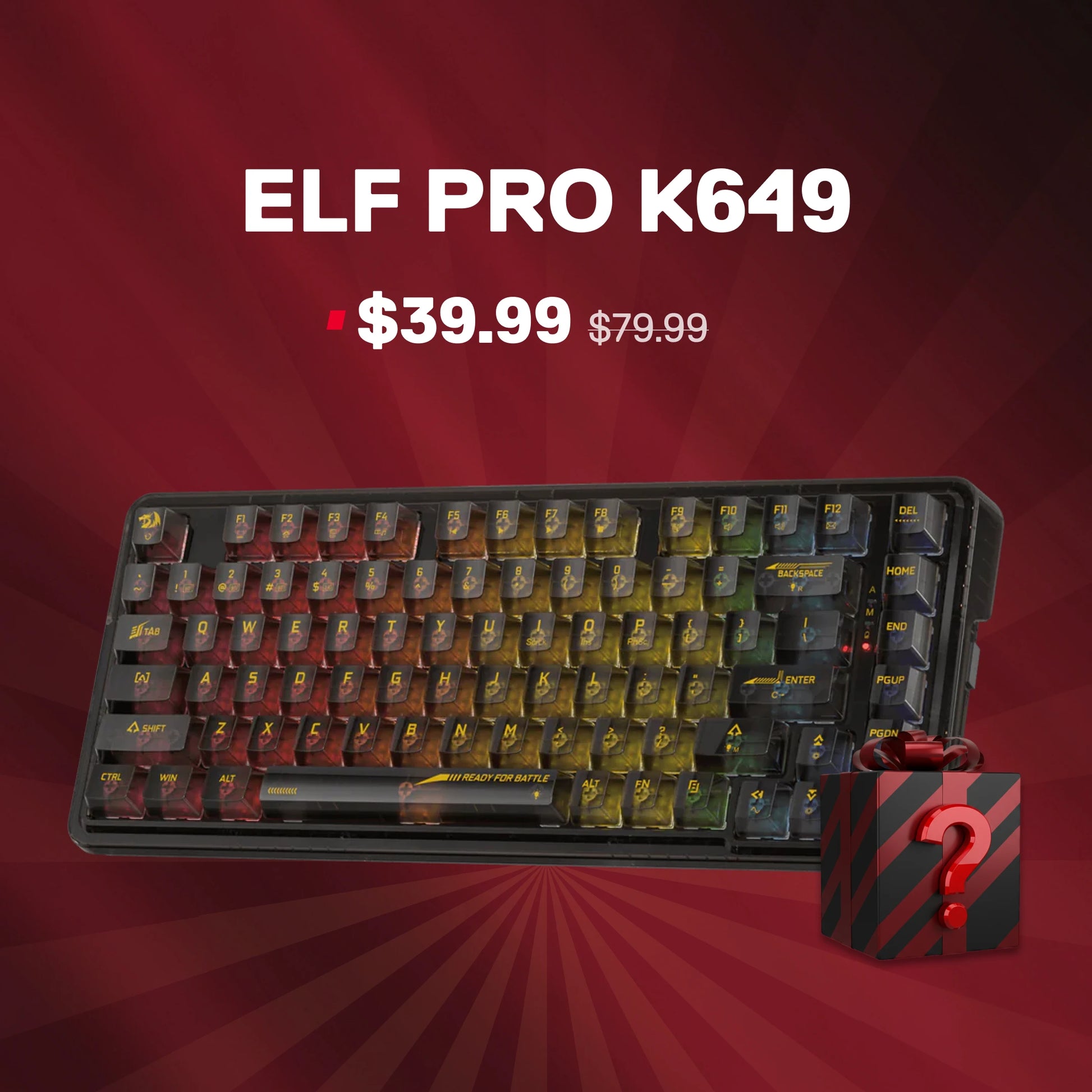 Mechanical keyboard with colorful keys on a red background, featuring the brand 'ELF PRO K649'.