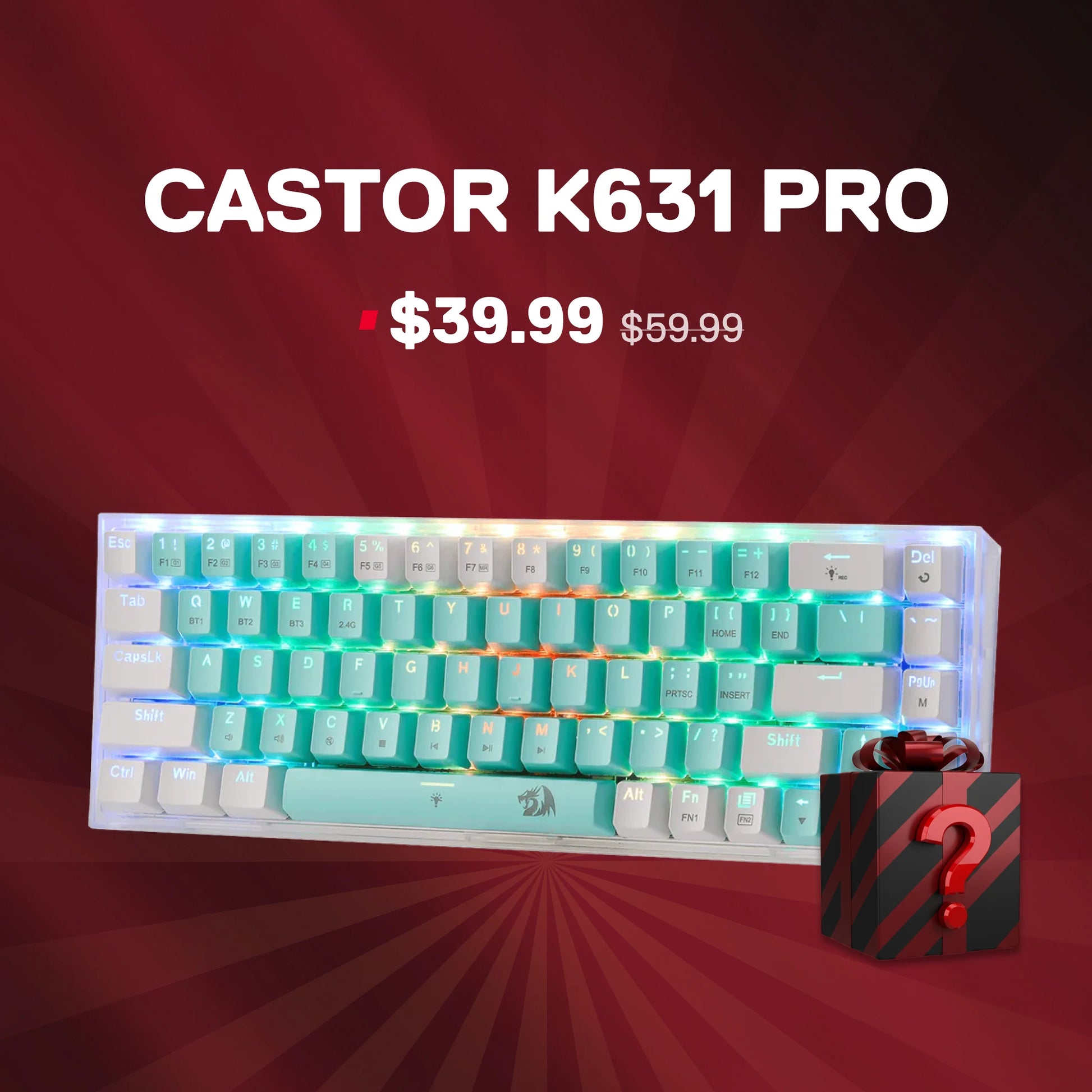 Mechanical keyboard with turquoise and white keys on a red background, featuring 'CASTOR K631 PRO' text.