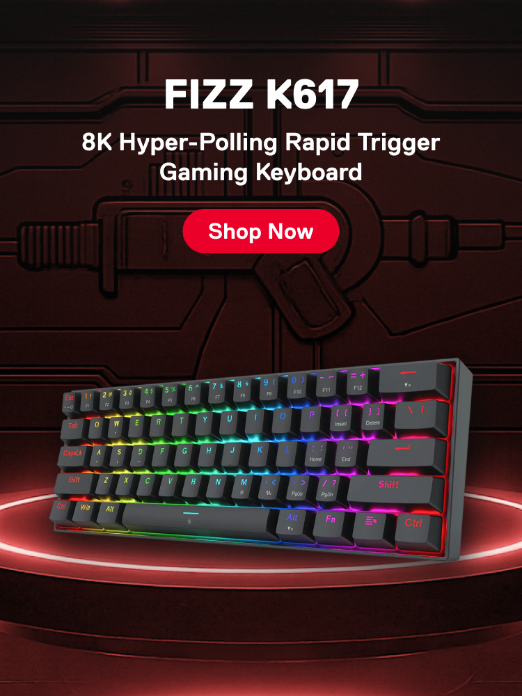 Redragon K617 Gaming keyboard with RGB lighting on a dark background, featuring the brand 'FIZZ'.