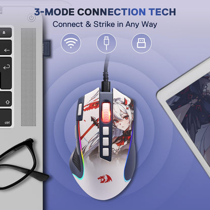 Redragon M612AK PRO RGB Anime Gaming Mouse, 8000 DPI Wired/Wireless Optical Mouse with 9 Programmable Buttons & 7 Backlit Modes, BT & 2.4G Wireless, Software Supports DIY Keybinds Rapid Fire Button