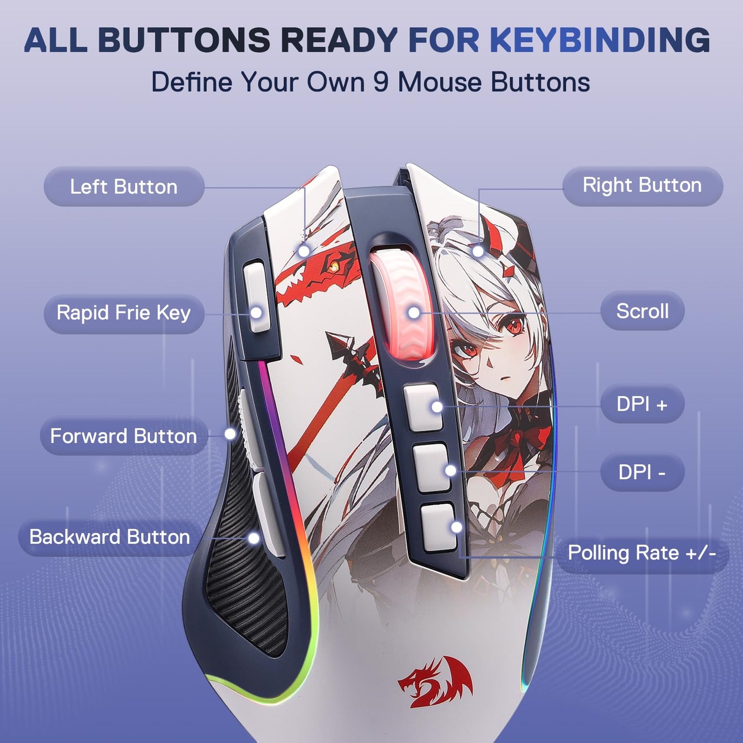Redragon M612AK PRO RGB Anime Gaming Mouse, 8000 DPI Wired/Wireless Optical Mouse with 9 Programmable Buttons & 7 Backlit Modes, BT & 2.4G Wireless, Software Supports DIY Keybinds Rapid Fire Button