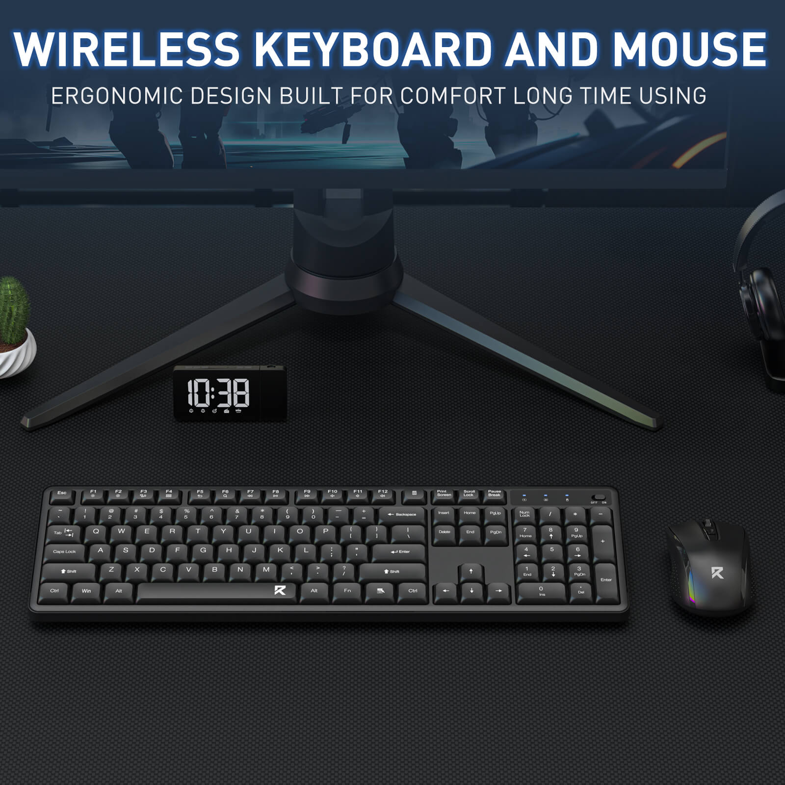 This graphic introduces the wireless keyboard and mouse set, highlighting its ergonomic design for comfortable long-term use.