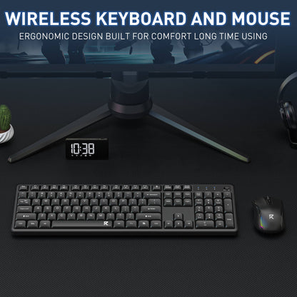 This graphic introduces the wireless keyboard and mouse set, highlighting its ergonomic design for comfortable long-term use.